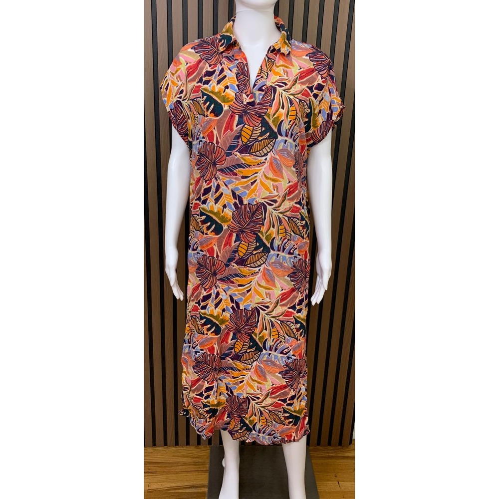 C&C California Linen Blend Tropical Leaf Print Maxi Dress Orange Pink Blue Small